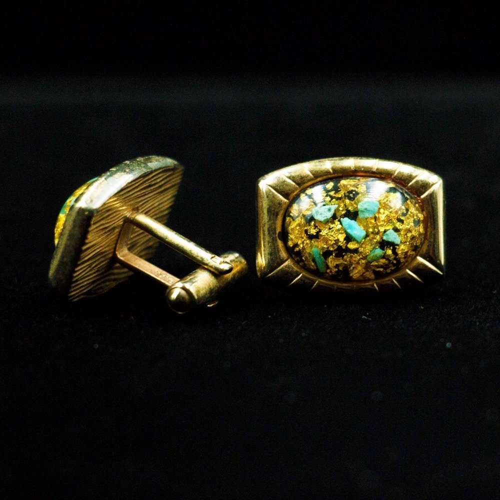 ENCAPSULATED PYRITE & TURQUOISE CHIPS GOLD CUFFLINKS - McTDGT1